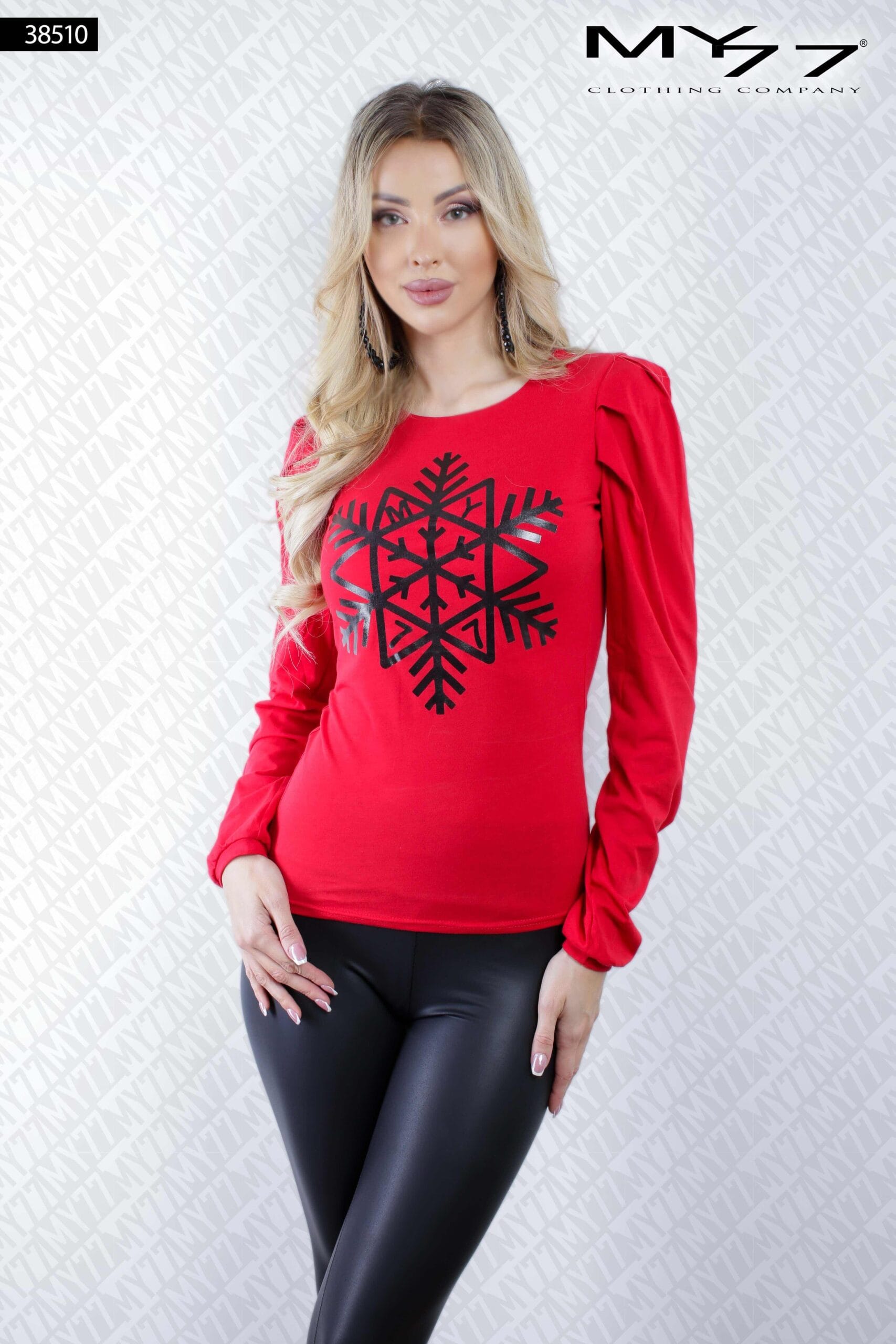 MY77 Piros Hópehely Mintás Felső S (38510)