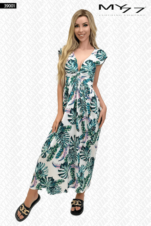 Pálmaleveles maxi ruha M – Fehér/Zöld (39001)