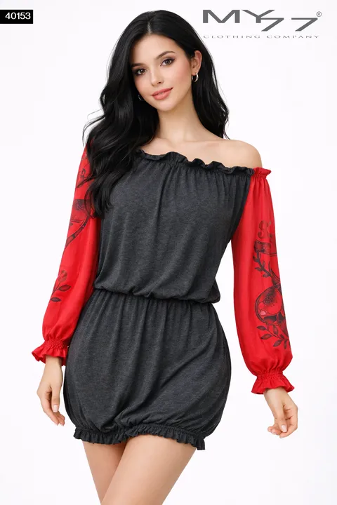 MY77 Fekete–piros vállra húzható ruha övvel  40153