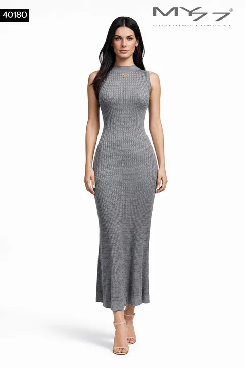 MY77 Bordázott Maxi Ruha – szürke