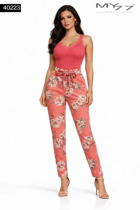 MY77 Korallszínű Virágmintás Női Nadrág – 40223