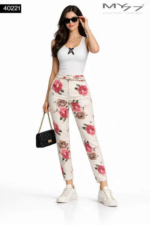 MY77 Fehér Virágmintás Női Nadrág – 40221