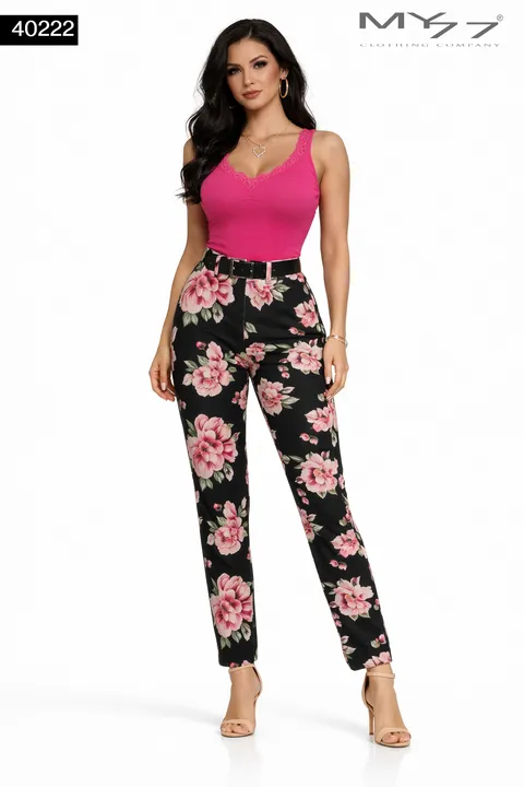 MY77 Fekete Virágmintás Női Nadrág – 40222