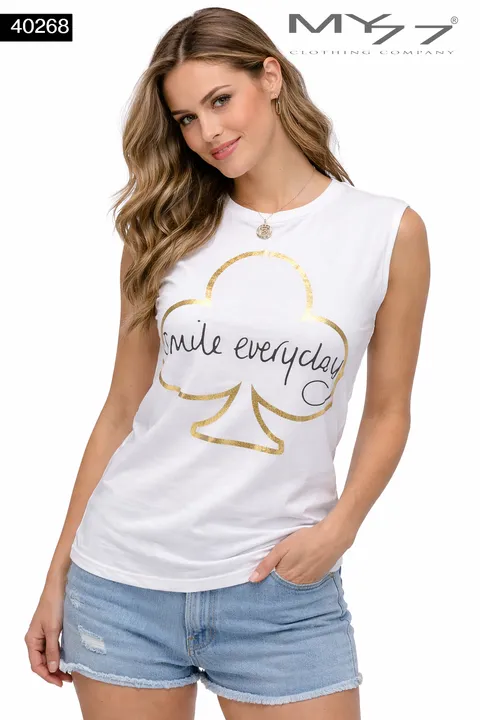 MY77 Fehér Női Ujjatlan Top „Smile Everyday” Mintával – 40268