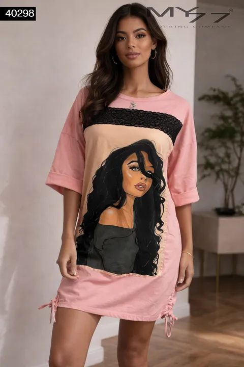 MY77 Rózsaszín Női Tunika – Mintás és Csipke Betétes –40298