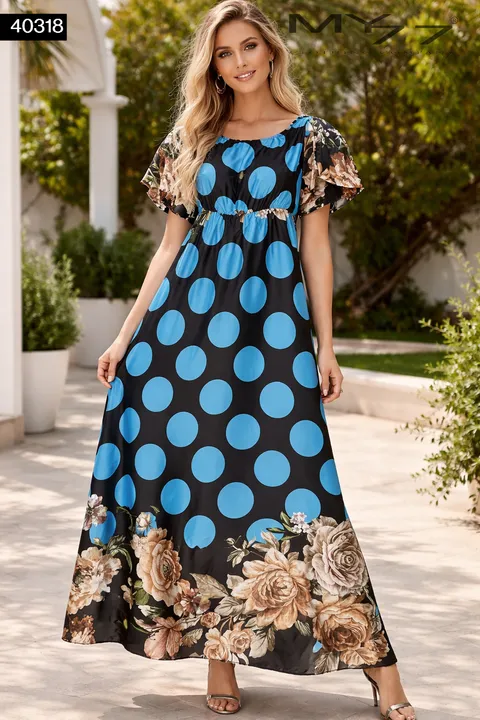 MY77 Fekete Kék Pöttyös Hosszú Női Ruha – Virágmintás – 40318