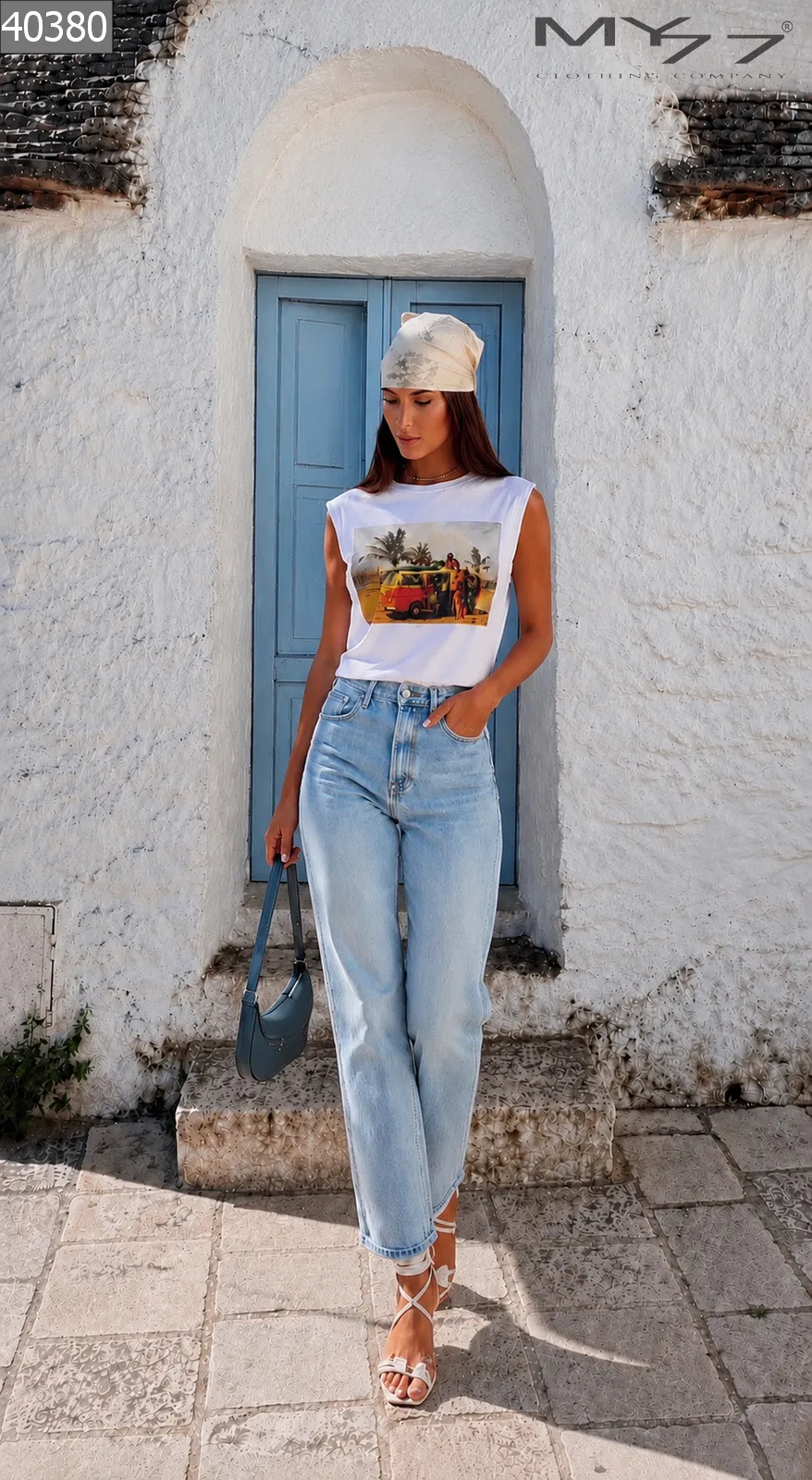 MY77 Fehér Női Ujjatlan Top „Surf Style” Mintával – 40380